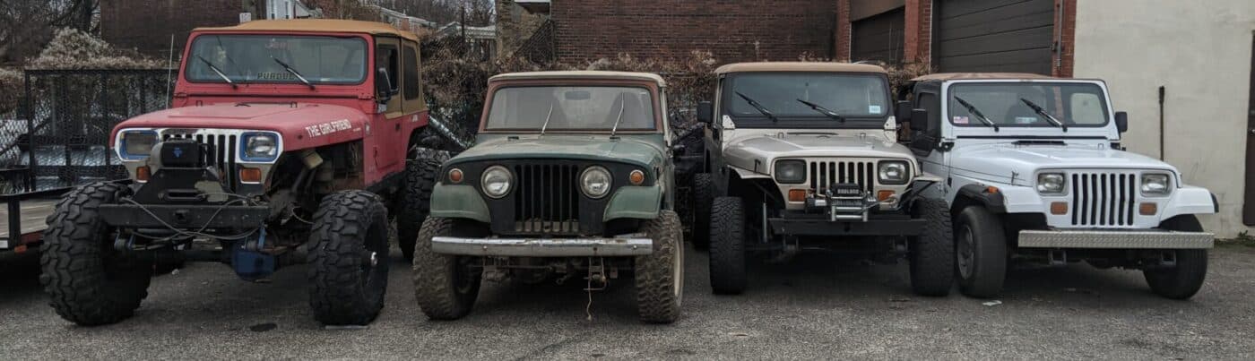All three Jeeps for sale lined up together.