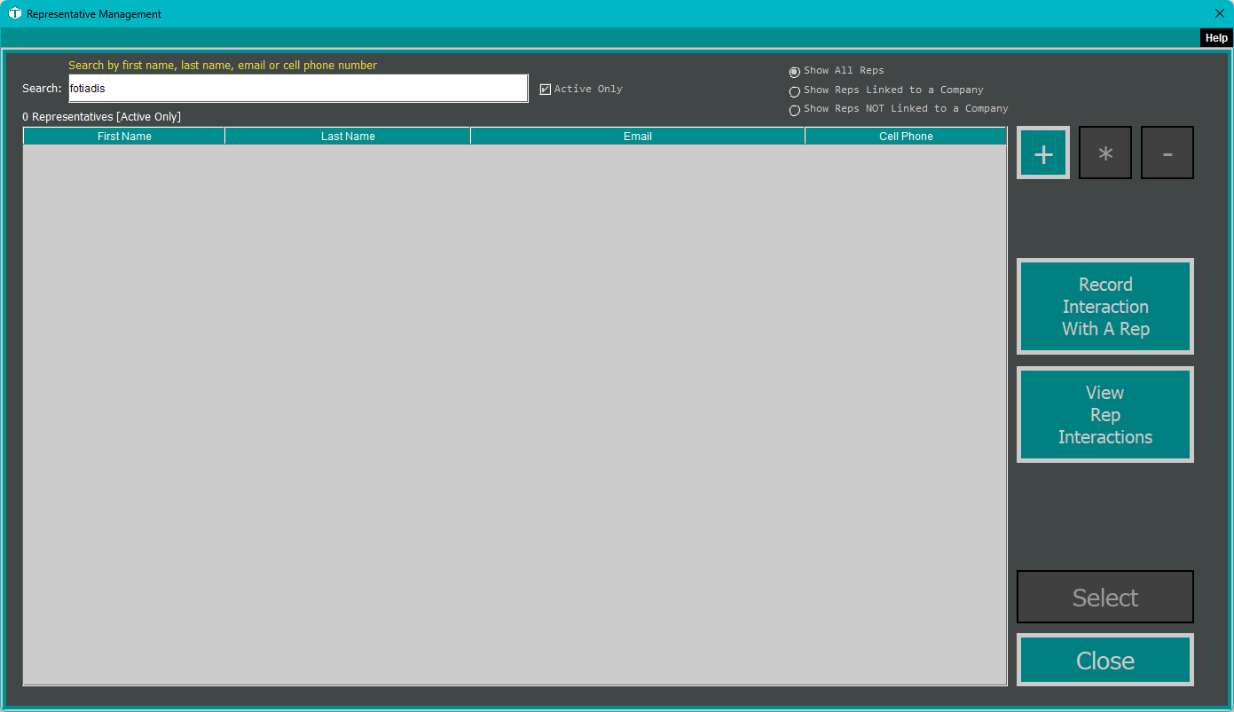 The Representatives management screen, a searchable list of sales reps with filter options for all reps, reps not linked to a company, and reps linked to a company.