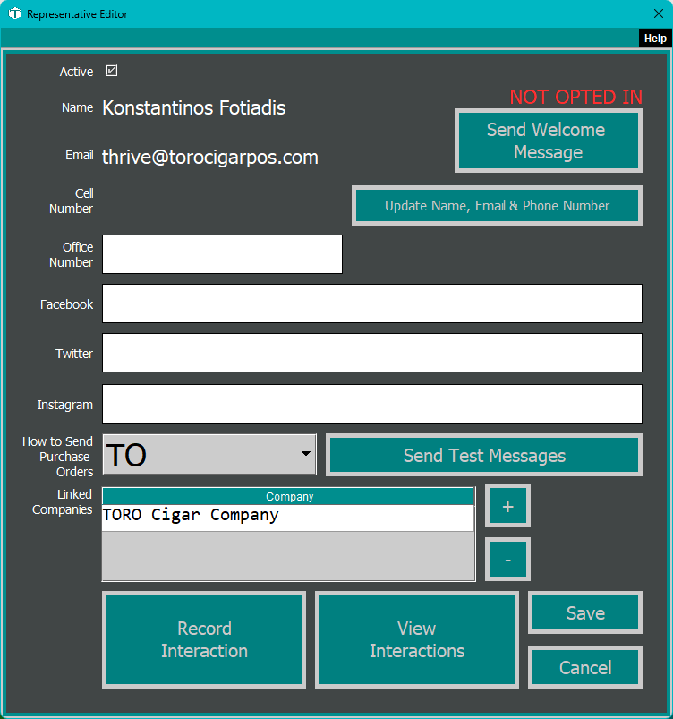 The Representative Editor dialog, showing the Name, Email, and Cell Number fields, the How to Send Purchase Orders dropdown set to TO, and a Linked Companies table listing the vendor company the rep covers.
