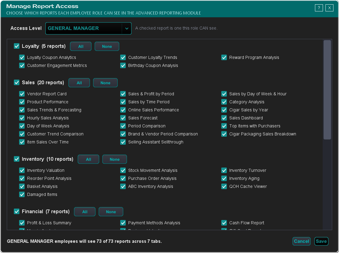 The Manage Report Access window, with an Access Level dropdown set to General Manager and each report category listed below it as a checkbox section with All and None buttons, and a running count at the bottom reading 