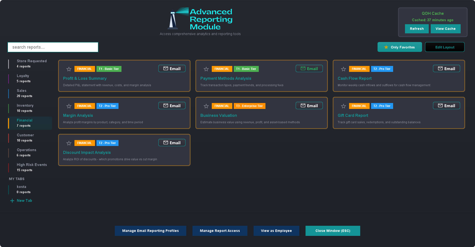 The Advanced Reporting Module with the search box and the Only Favorites and Edit Layout buttons across the top, the category list down the left side ending in a MY TABS section and a New Tab button, and a grid of report cards each showing a star in its top-left corner.