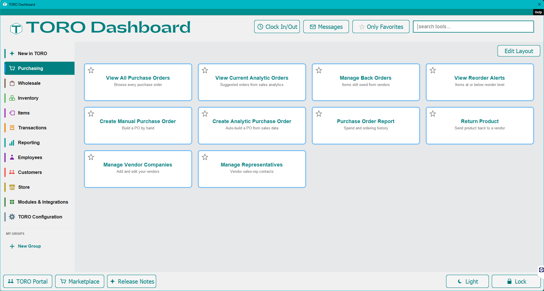The Purchasing tab of the TORO dashboard, showing cards for View All Purchase Orders, Create Manual Purchase Order, Create Analytic Purchase Order, View Reorder Alerts, Manage Vendor Companies, and Manage Representatives.