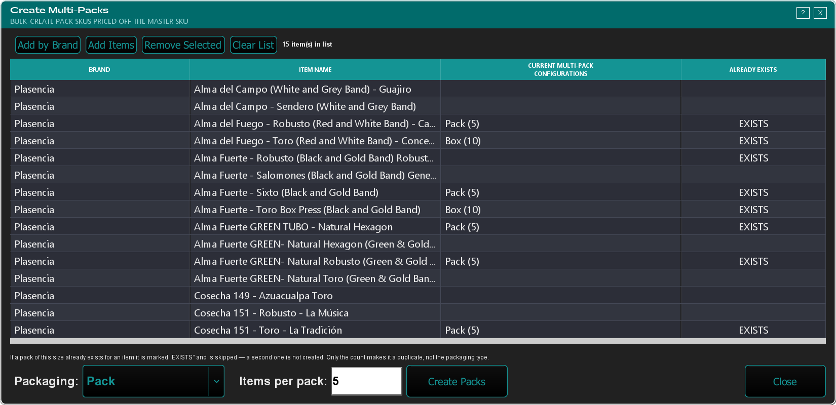 The Create Multi-Packs window with a brand's cigars in the list, the Current Multi-Pack Configurations and Already Exists columns showing which items already have a 5-pack, and Packaging set to Pack with 5 items per pack at the bottom.