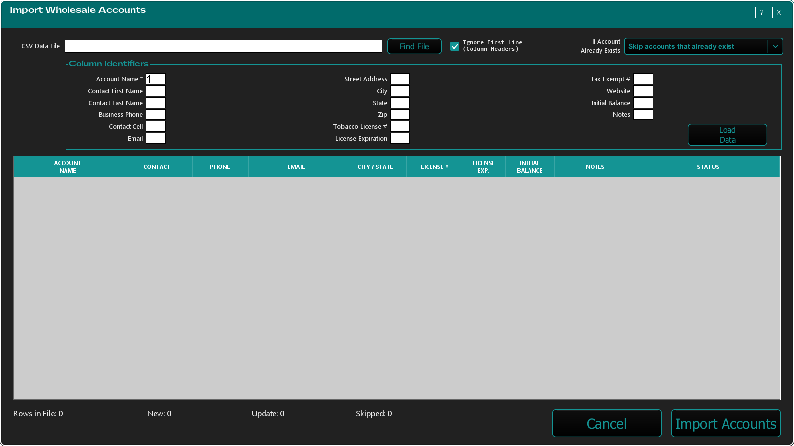 The Import Wholesale Accounts screen