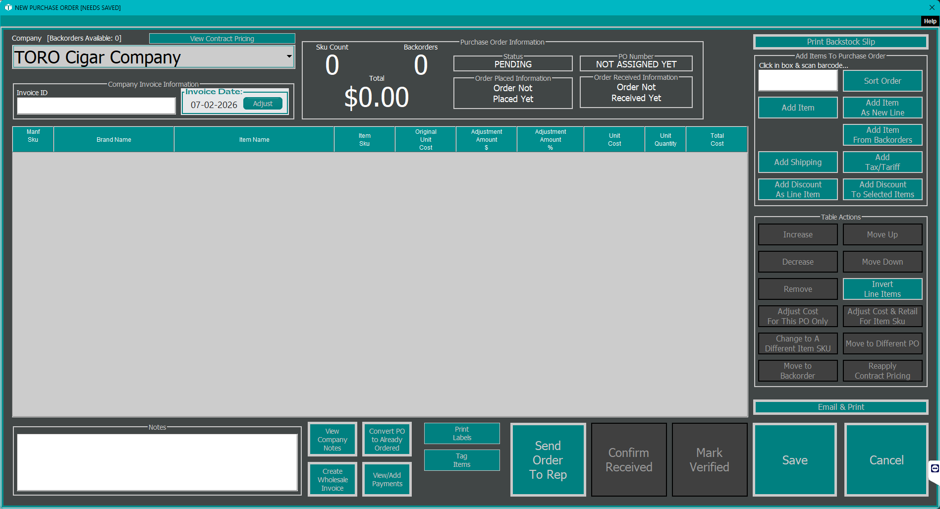 The Purchase Order Editor with a vendor selected and an empty line-item table, showing the Company, Invoice ID, and Invoice Date fields at the top and the item-adding buttons and action buttons around the table.