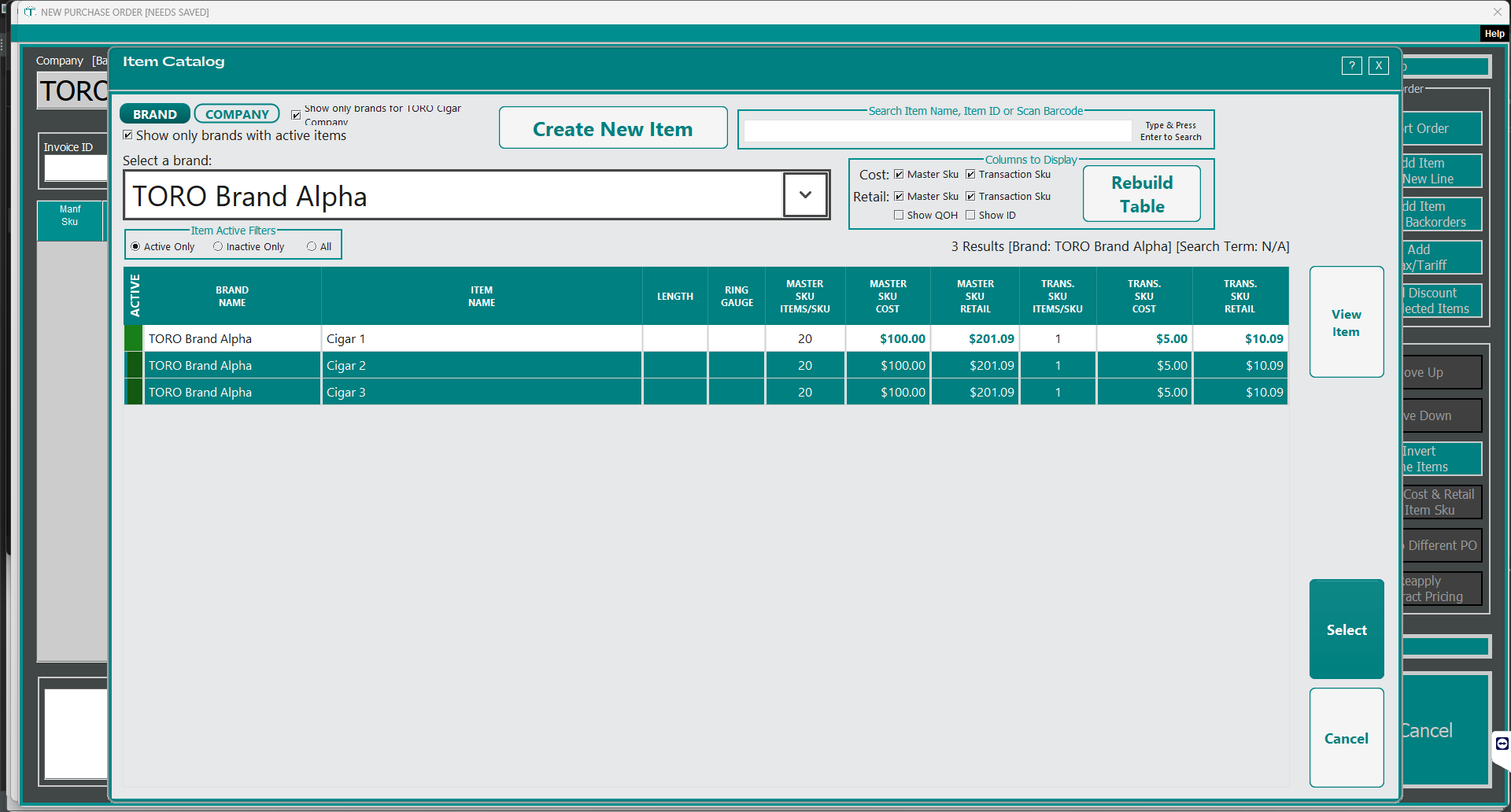 The item catalog picker that opens from Add Item, filtered by brand, listing items with their cost and retail so you can choose what to put on the order.