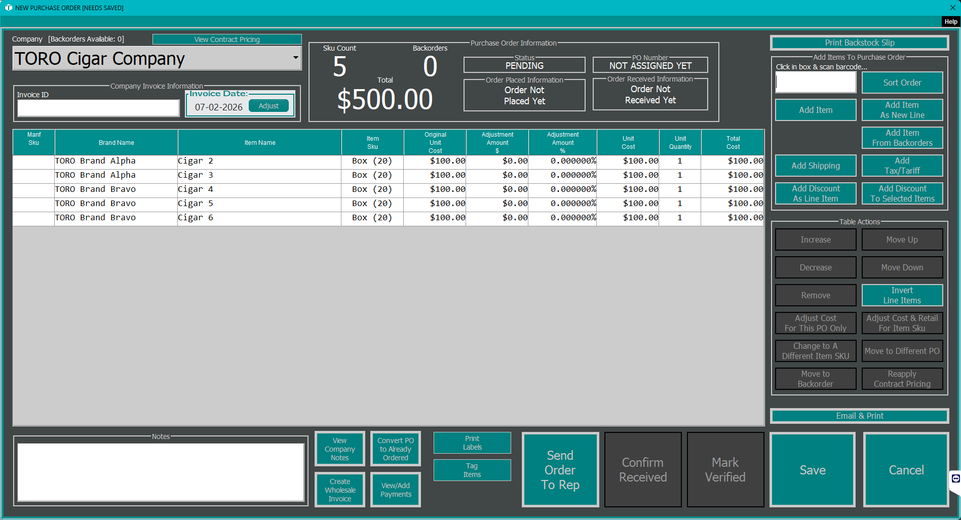 The Purchase Order Editor with several items on the order, showing the line-item table filled in with quantities and costs and a running SKU count and total.