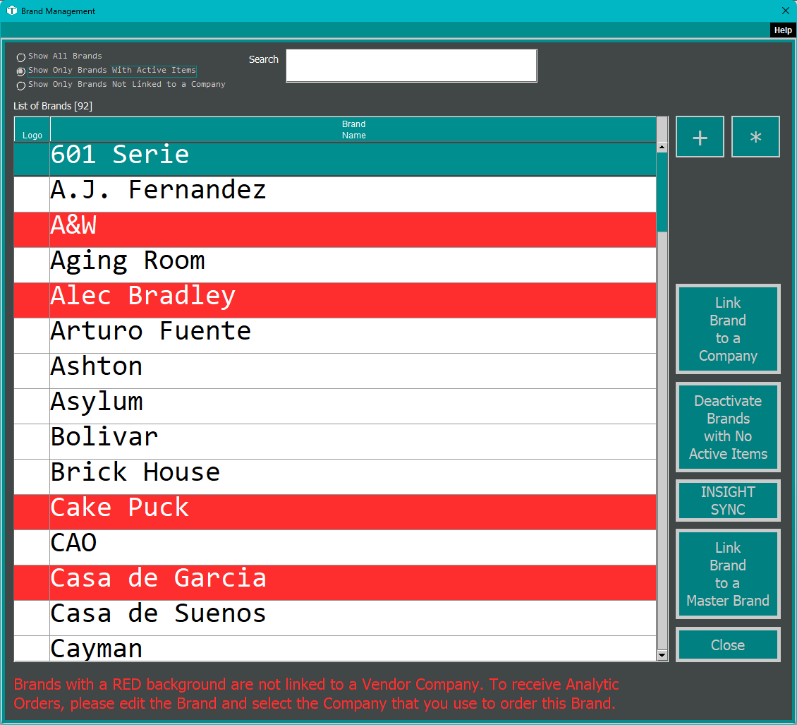 The Brand Management screen with several brands shown on a red background, indicating they are not linked to a vendor company, and red guidance text at the bottom explaining what the red rows mean.