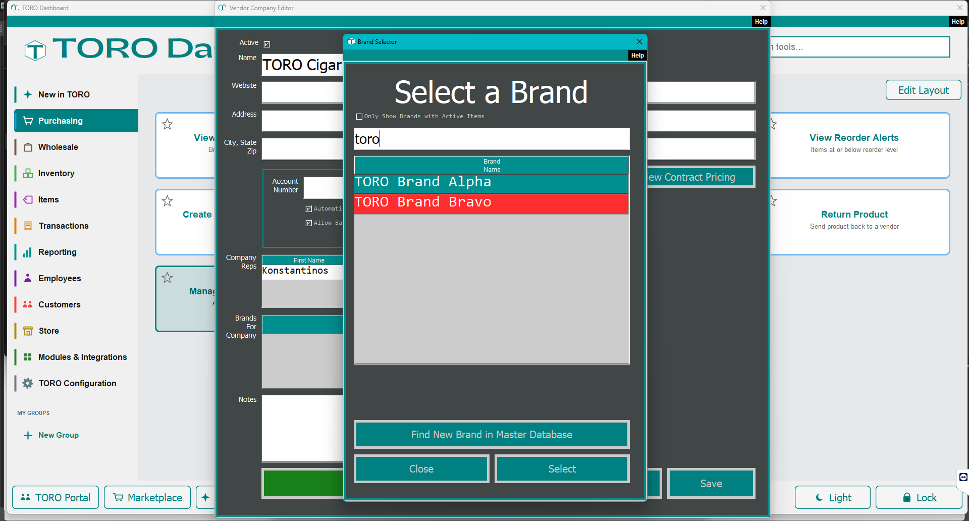 Linking a brand from the vendor side: the Vendor Company Editor with a brand selector popup open, searching for and choosing a brand to attach to the vendor.
