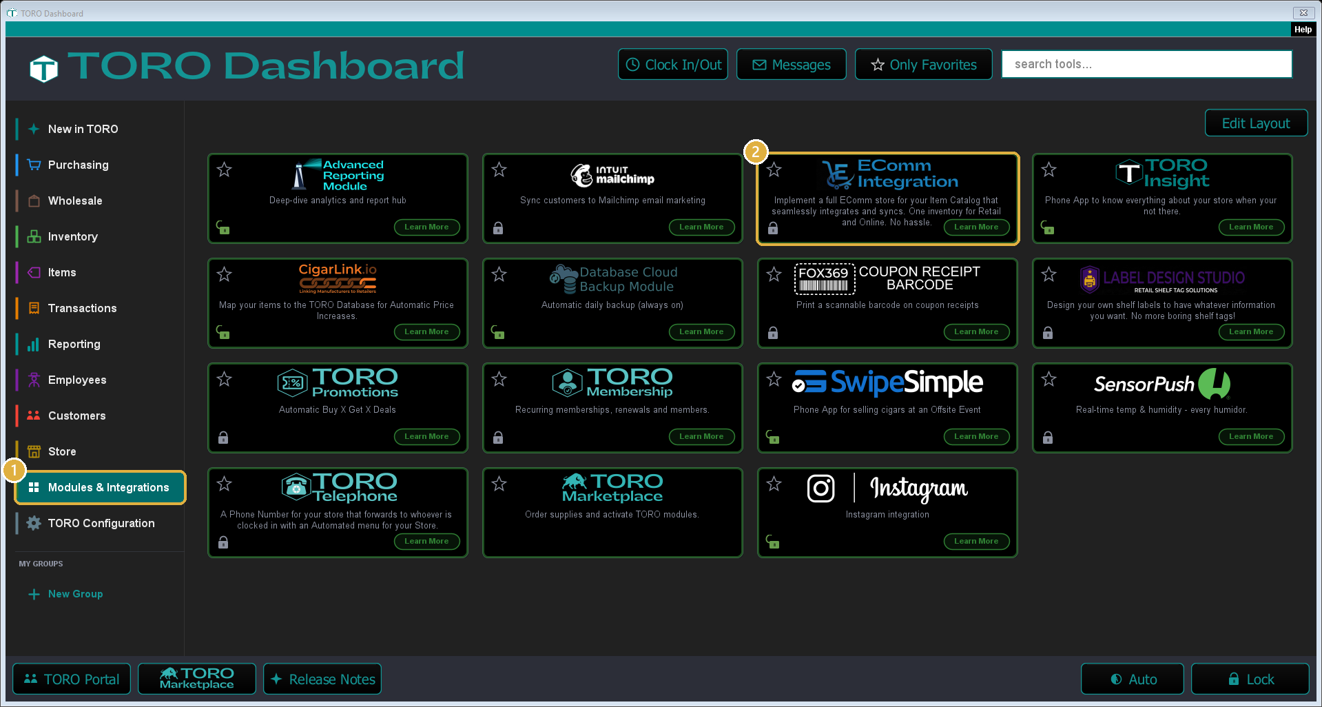 The TORO Dashboard on the Modules & Integrations tab, with the tab highlighted as 1 and the EComm Integration card highlighted as 2.