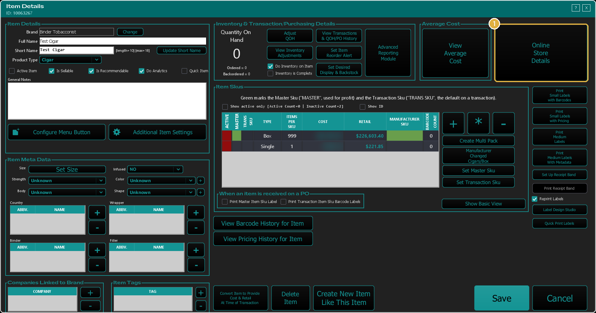 The Item Details screen with the Online Store Details button highlighted at the top right.