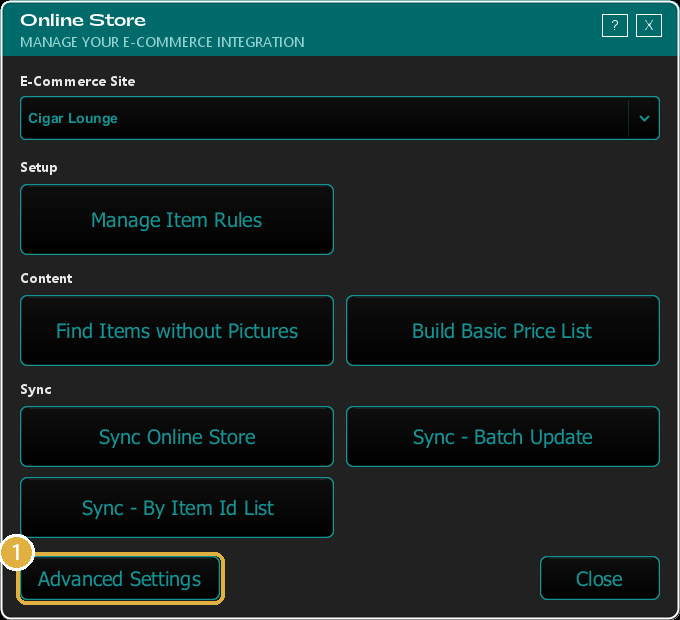 The Online Store window with the Advanced Settings button highlighted at the bottom left.