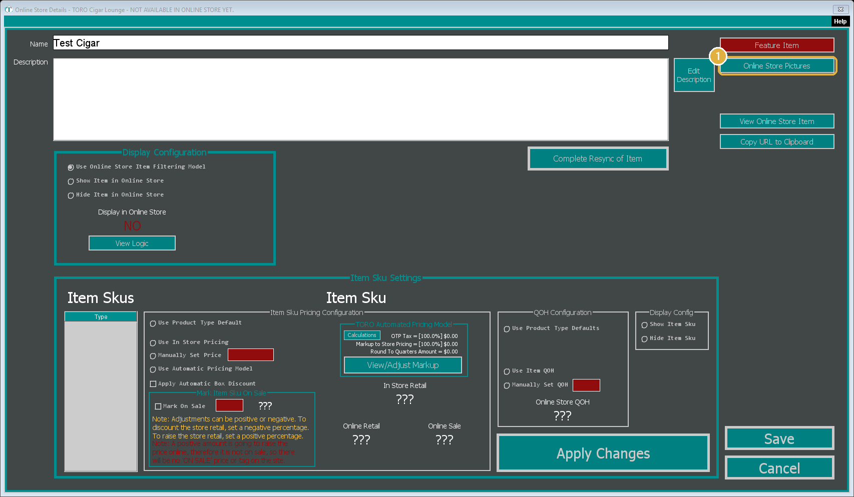 The Online Store Details window with the Online Store Pictures button highlighted in the top right corner.
