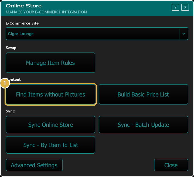 The Online Store window with the Find Items without Pictures button highlighted under Content.