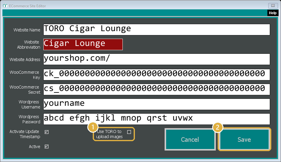 The ECommerce Site Editor with the Use TORO to upload images box unticked, highlighted as 1, and the Save button highlighted as 2. The website details shown are demo values.
