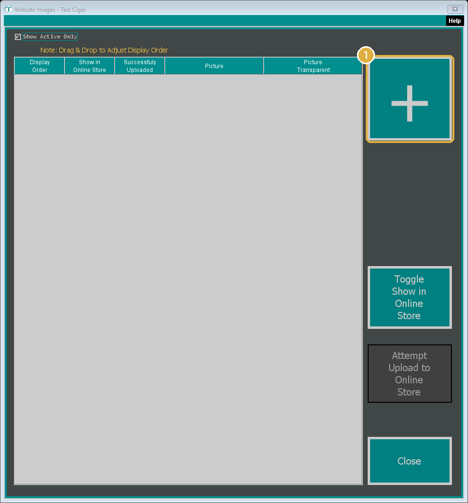 The Website Images window, empty, with the large plus button highlighted at the top right.