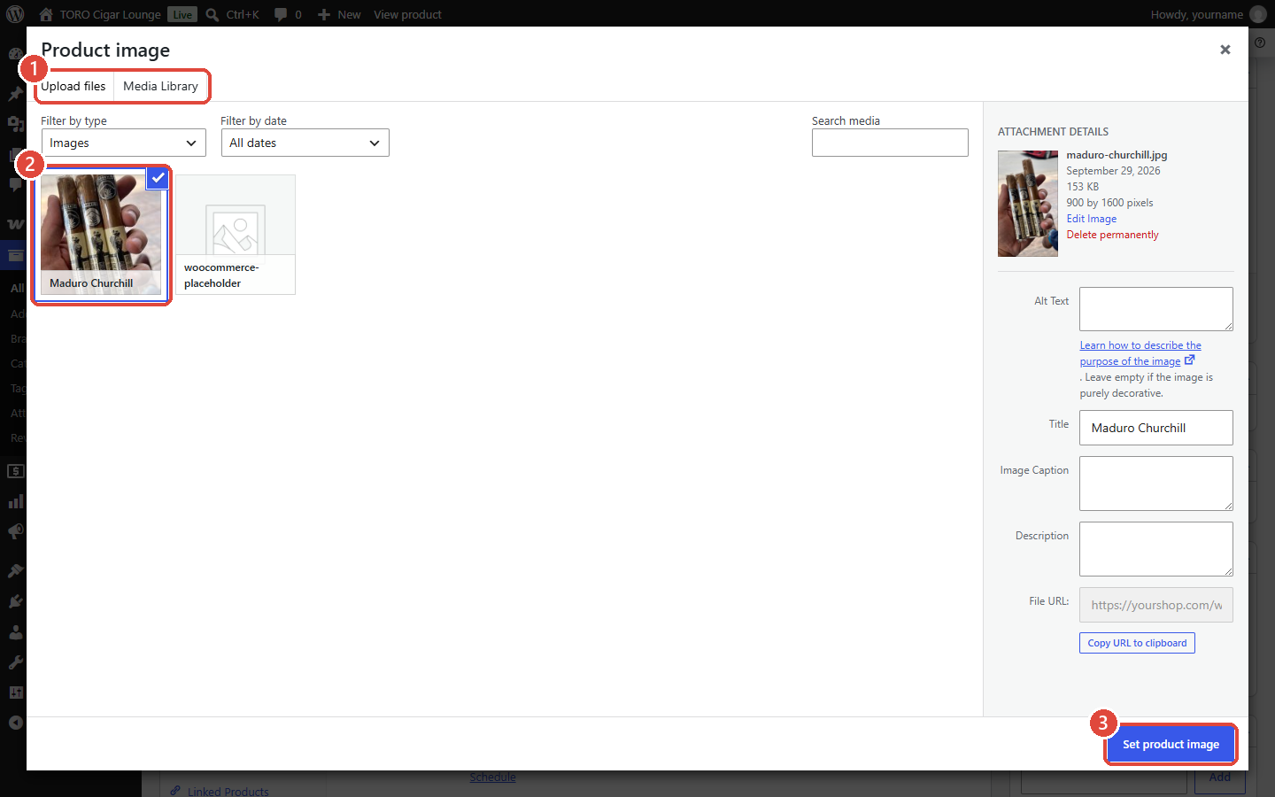 The Product image window on the Media Library tab, with the tabs highlighted as 1, a selected picture as 2, and the Set product image button as 3.