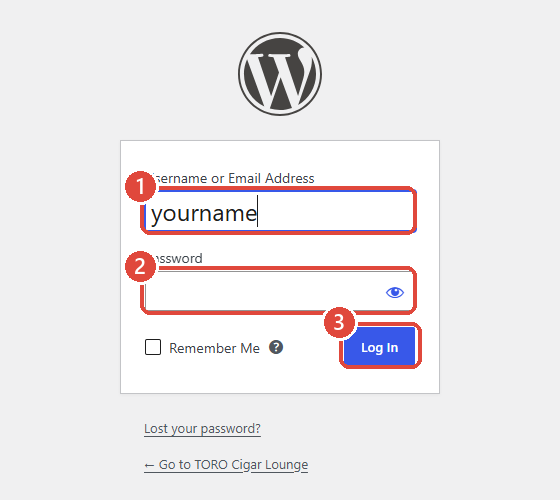 The WordPress login page with the username box, password box and Log In button highlighted as 1, 2 and 3.