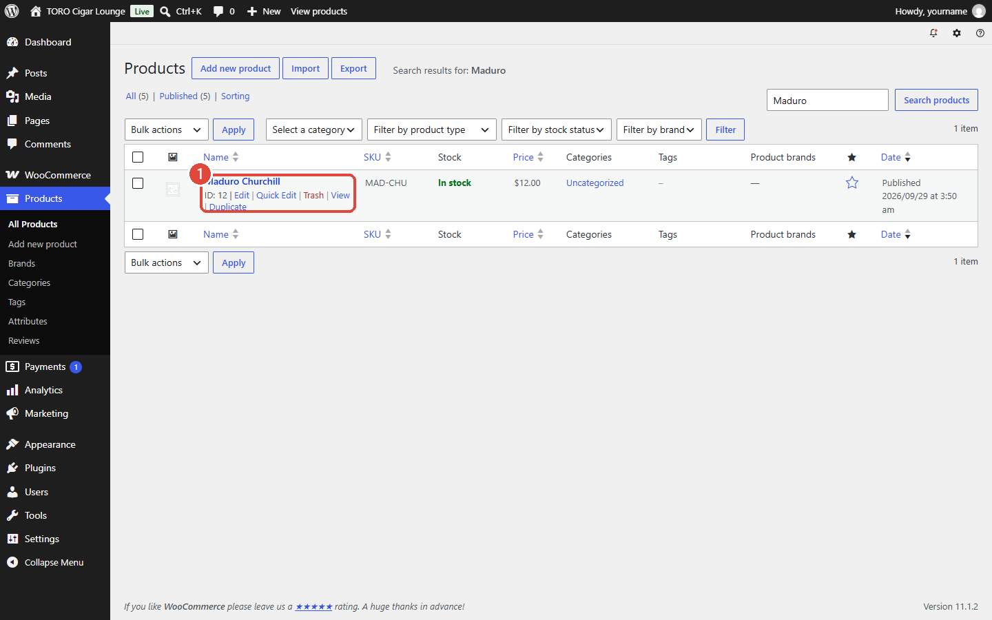 A product search result for Maduro, with the product name and its Edit link highlighted.