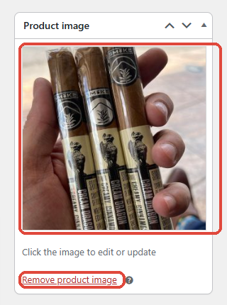 The Product image box showing the chosen cigar photo, with a Remove product image link underneath.