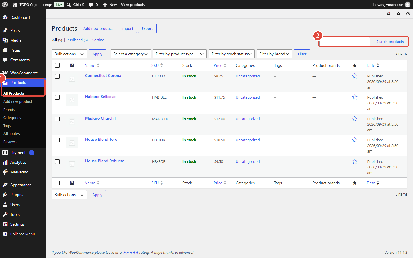 The WooCommerce Products list, with Products and All Products highlighted in the left menu as 1 and the search box highlighted as 2.