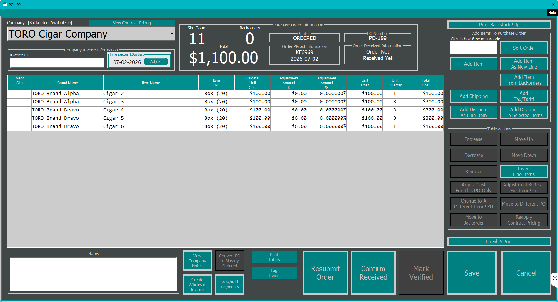 The Purchase Order Editor for an ordered purchase order, with the Confirm Received button available at the bottom to receive the shipment into inventory.