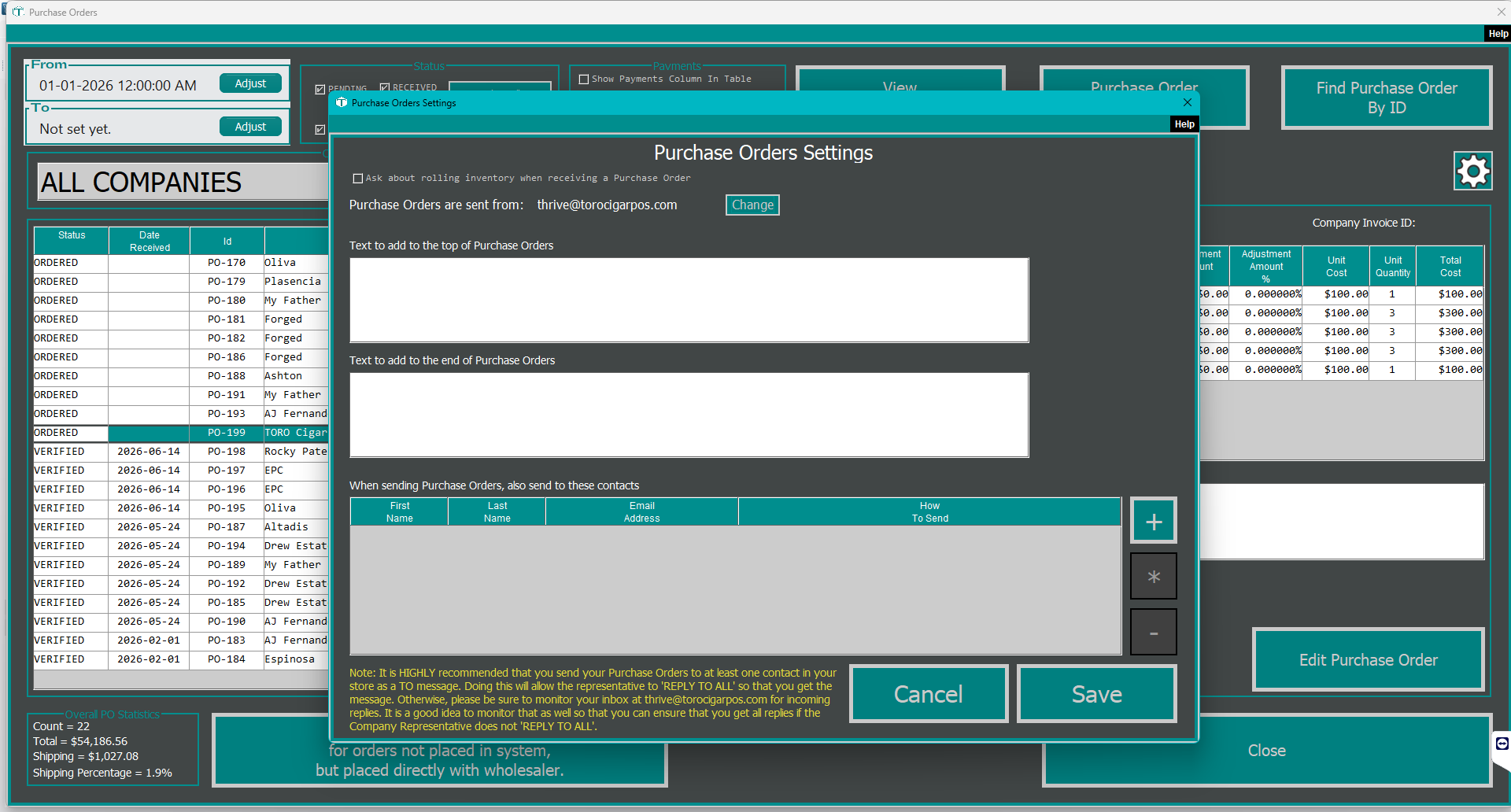 The Purchase Orders Settings dialog, with the checkbox labeled