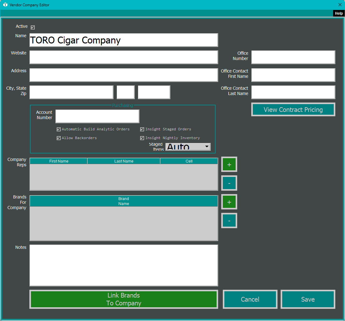 The Vendor Company Editor dialog, blank, showing the Name, Website, Address, and contact fields at the top, a Purchasing panel in the middle, and empty Company Reps and Brands For Company tables.