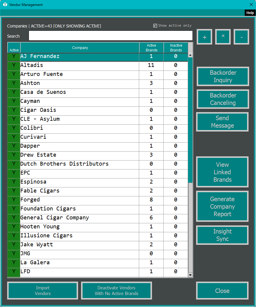 The Vendor Management screen, a list of vendor companies with columns for name, active status, and linked brands, plus add, edit, and remove buttons and a search box.