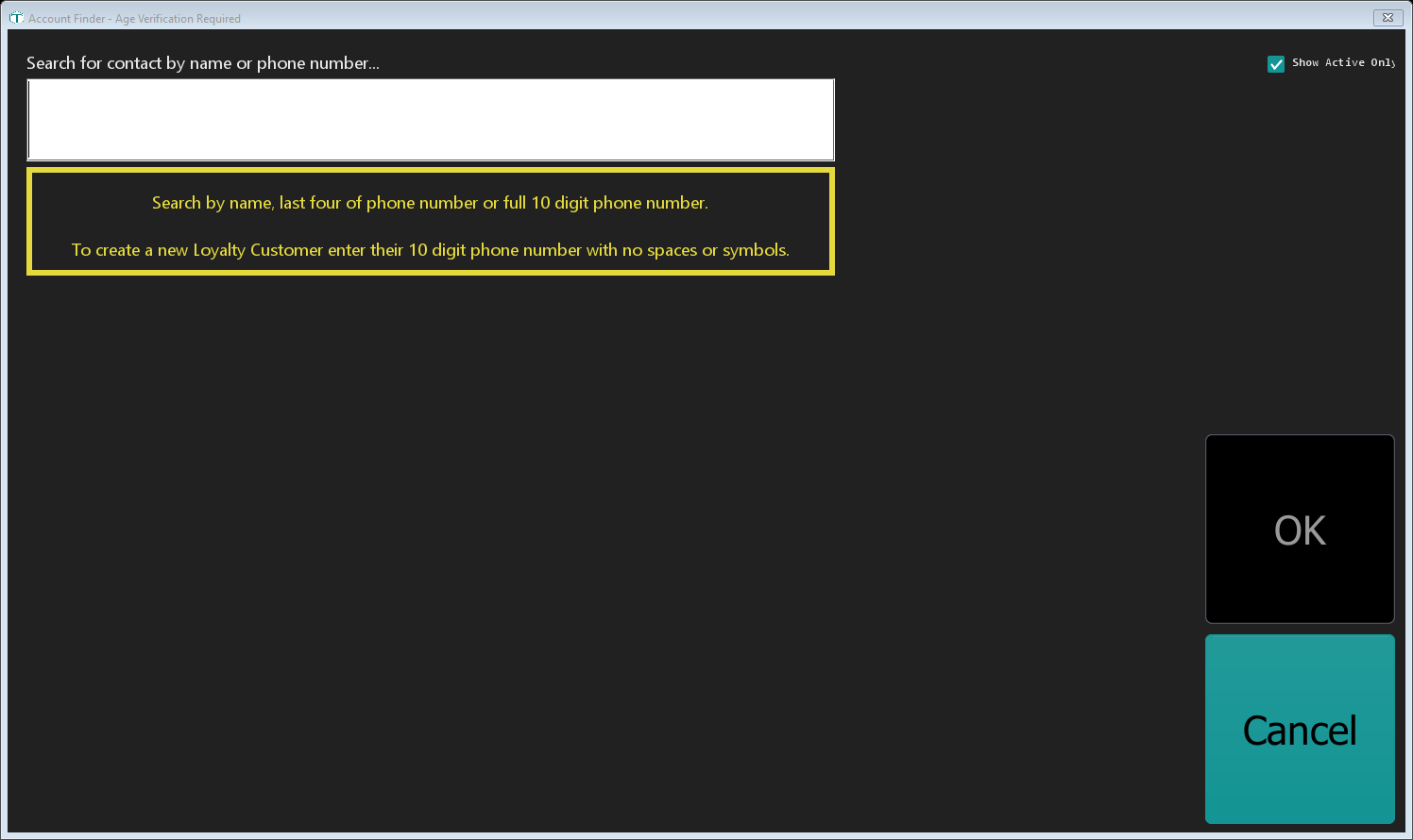 The Account Finder, with the search box at the top and the yellow instruction panel explaining how to create a new customer