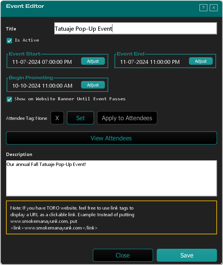The Event Editor, showing the Title, dates, Attendee Tag row and View Attendees button