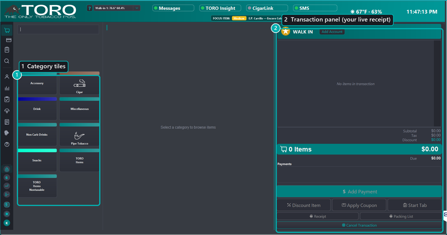 The home screen mid-sale — category tiles and the transaction panel