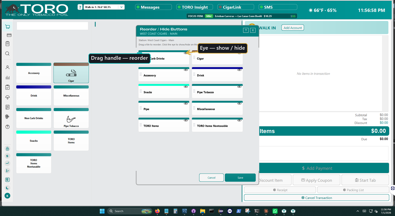 The Reorder / Hide Buttons dialog