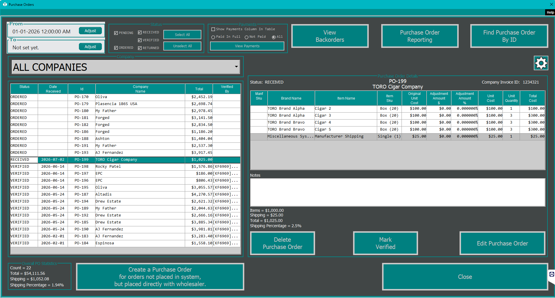 The Purchase Orders viewer with a received order selected, showing the Mark Verified button in the detail panel on the right.