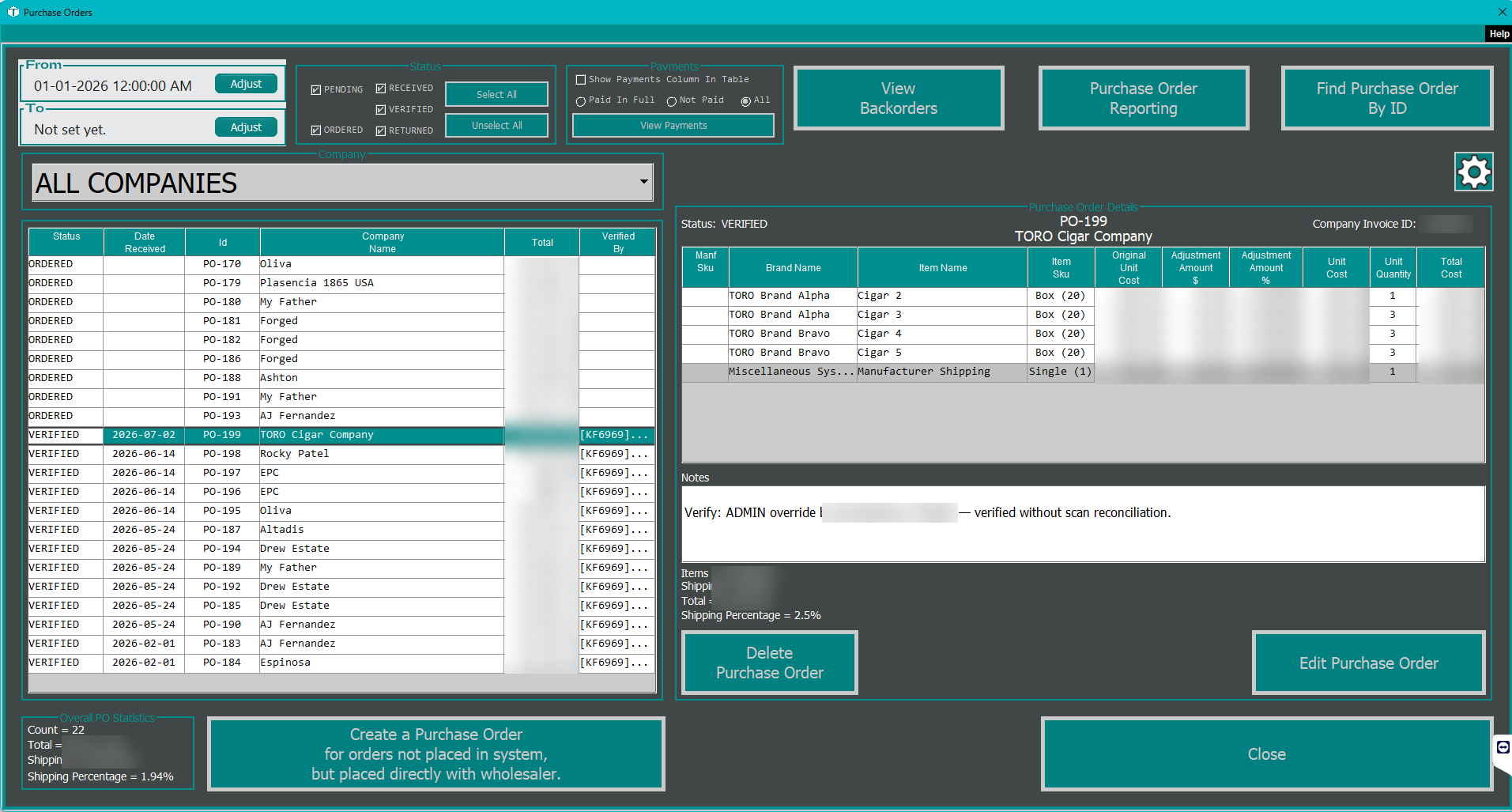 The Purchase Orders viewer showing the order now marked Verified, with the verification recorded in the order's notes.