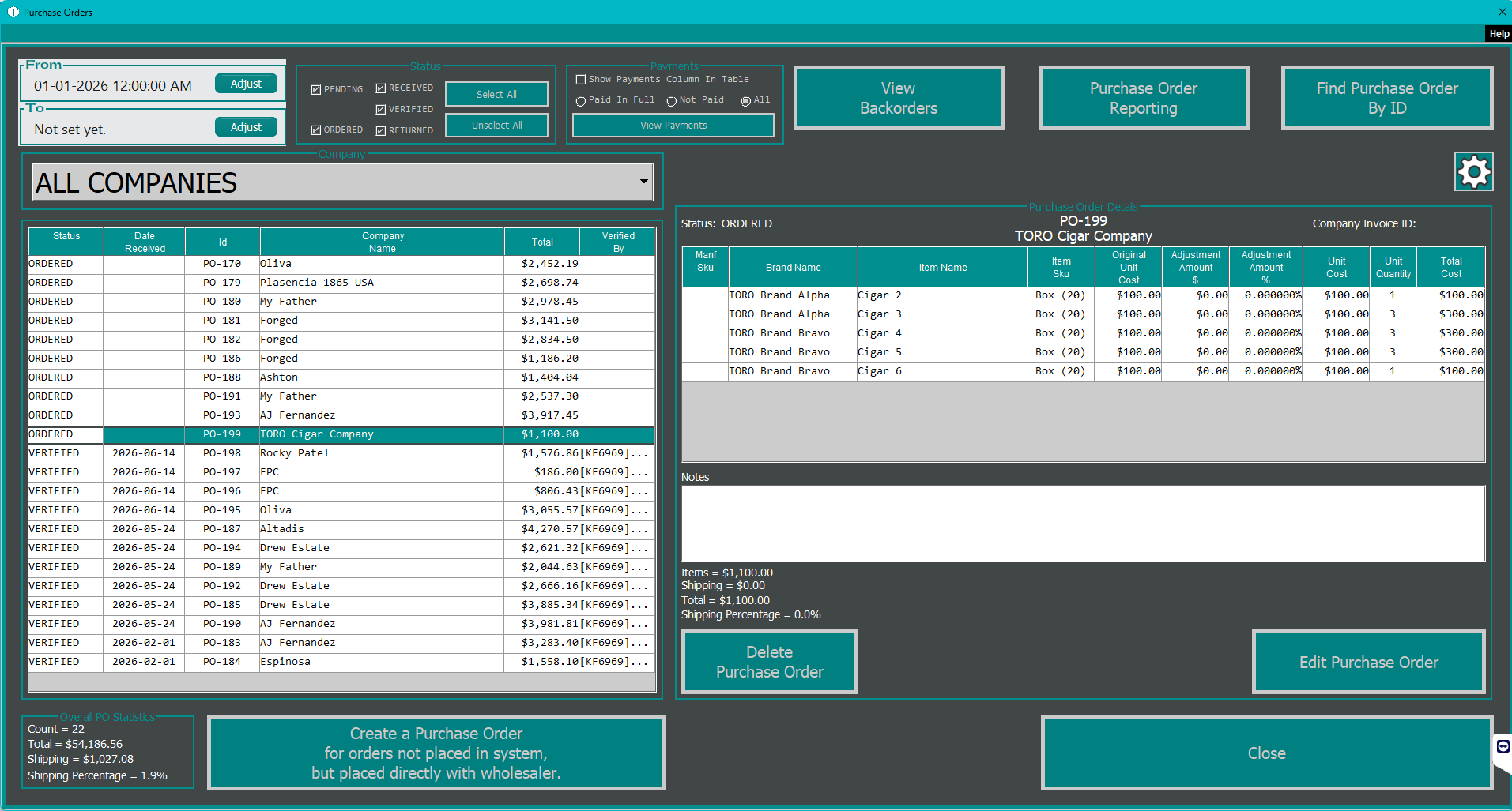 The Purchase Orders viewer, with a color-coded list of orders on the left, date and company and status filters, and a Purchase Order Details panel on the right showing the selected order's line items and totals.
