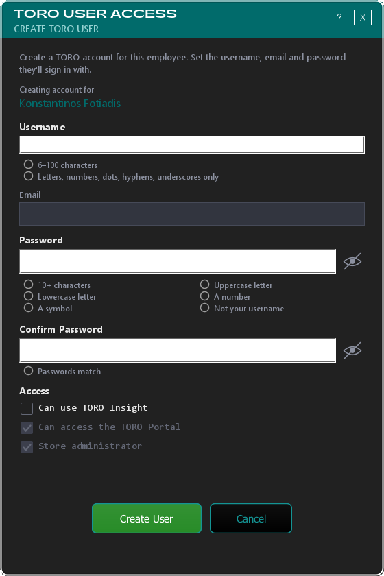 Creating a TORO account for an employee