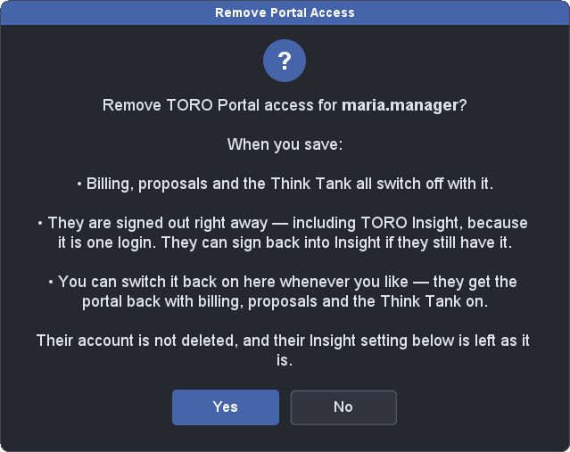 The warning shown when you remove portal access