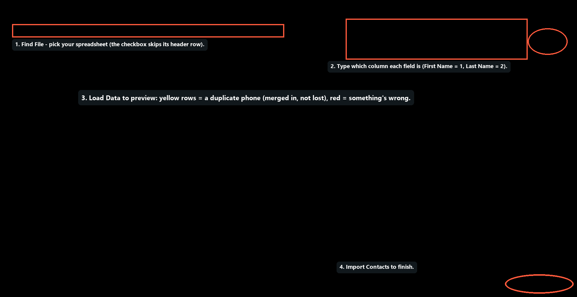 The Import Contacts window, numbered 1-4: find your file, match columns, load a preview, then import