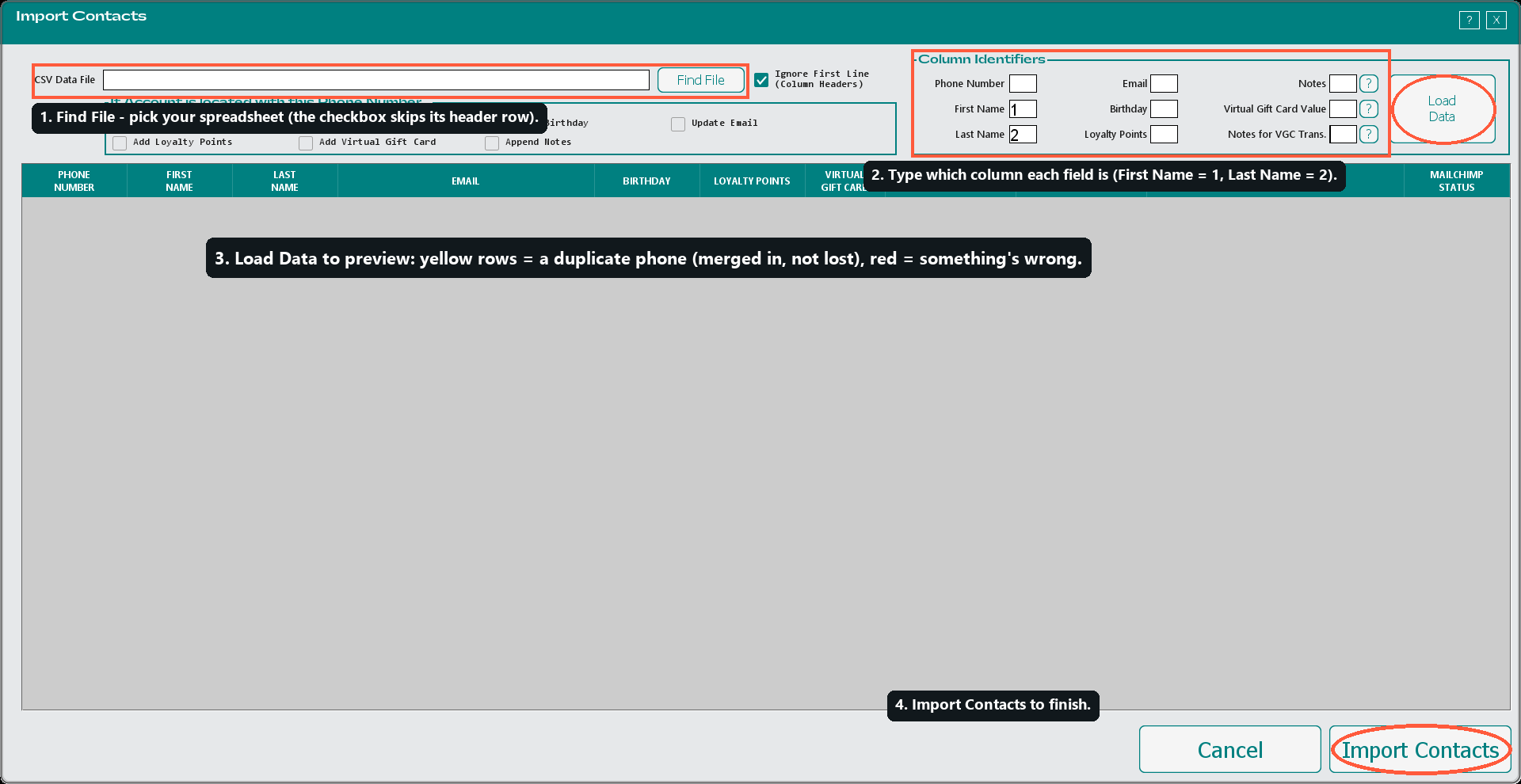 The Import Contacts window, numbered 1-4: find your file, match columns, load a preview, then import