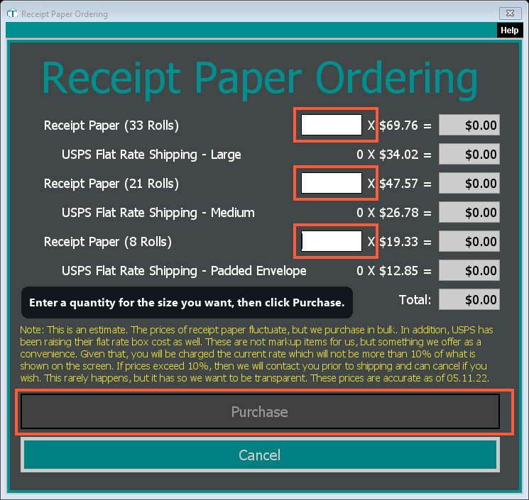 The Receipt Paper Ordering window