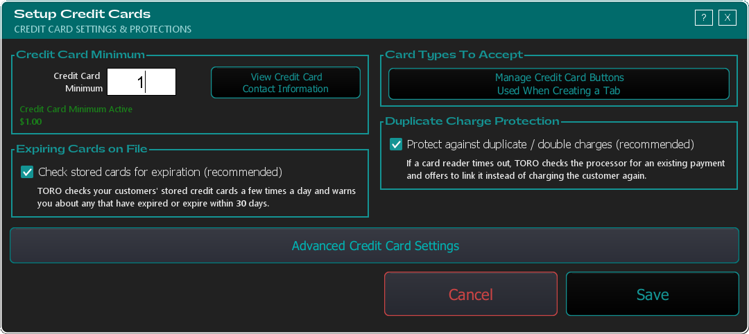 The Setup Credit Cards window