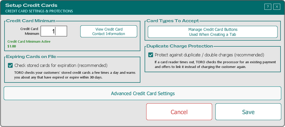 The Setup Credit Cards window