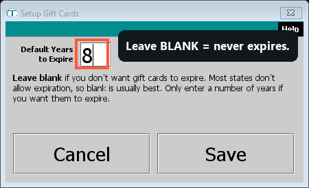 The Setup Gift Cards window