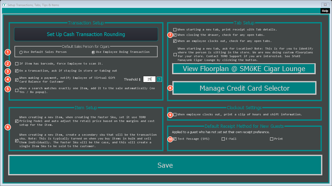 The Transactions & Tabs window with each optional feature numbered 1 through 9