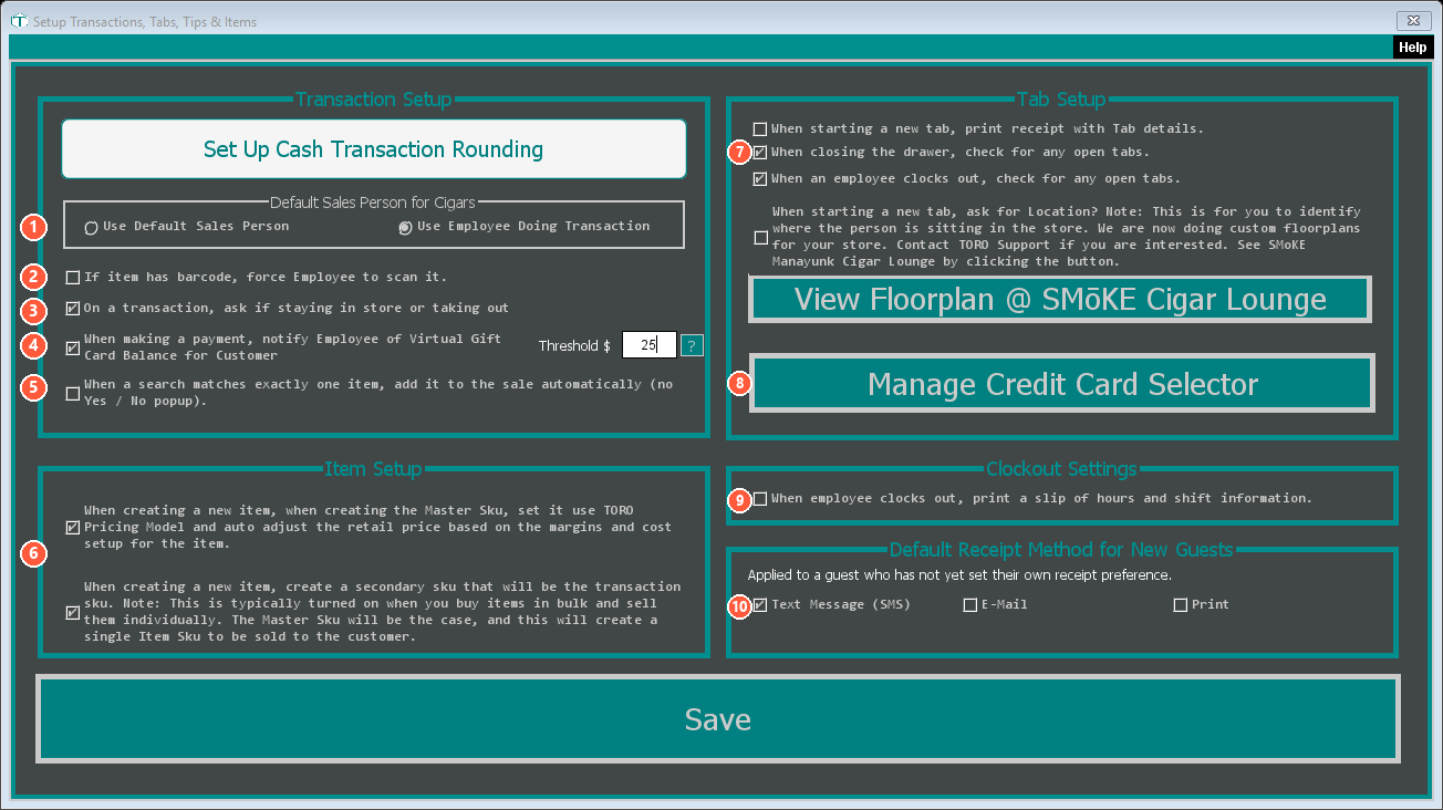 The Transactions & Tabs window with each optional feature numbered 1 through 9