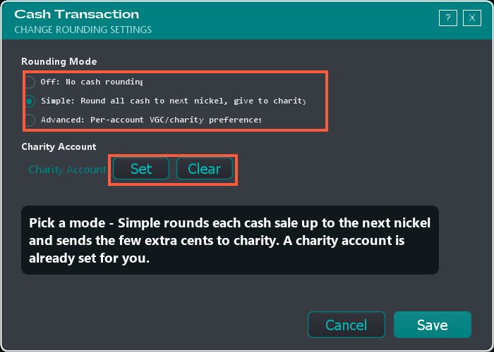The Cash Transaction Rounding window