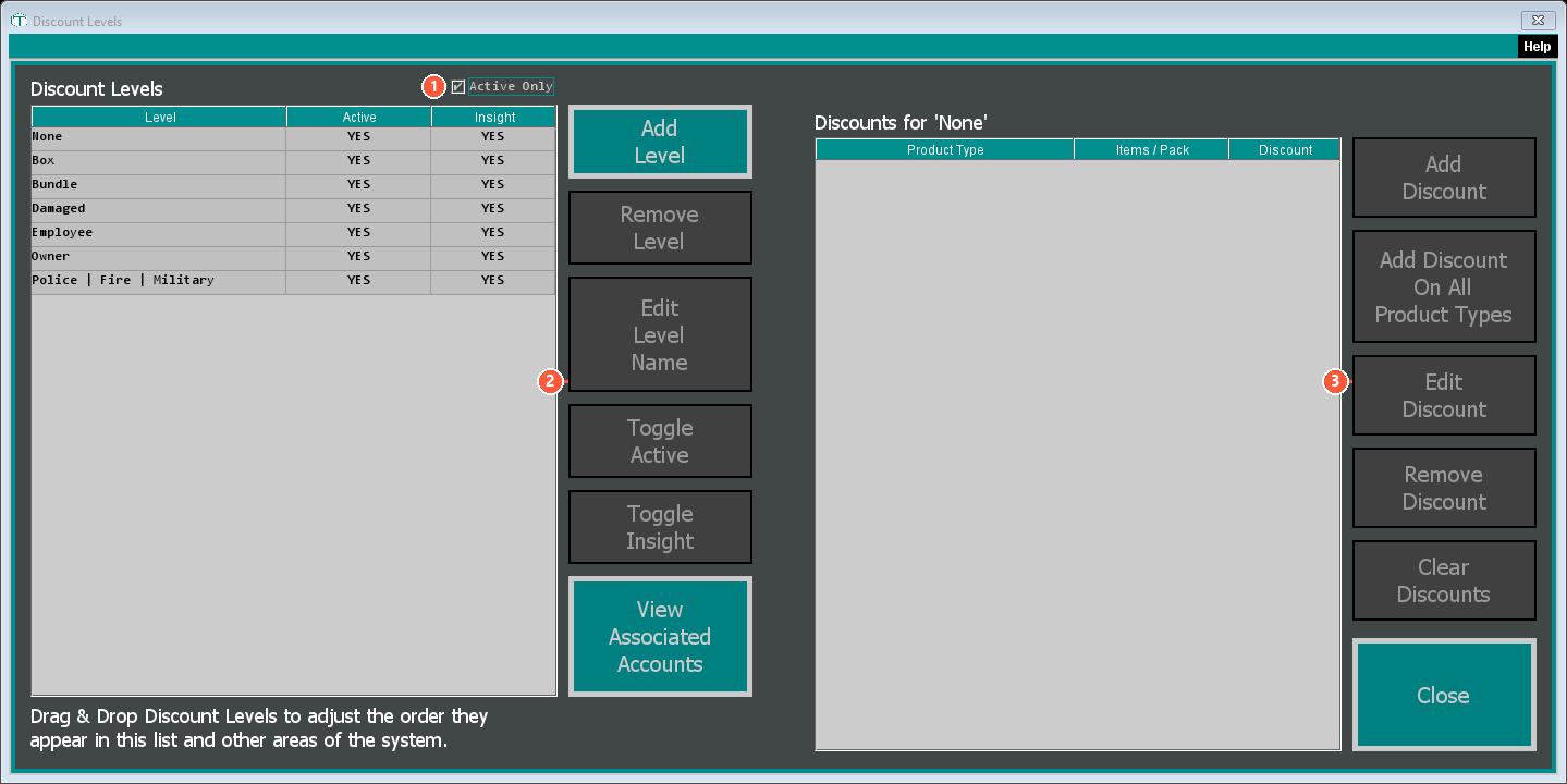 The Discount Levels window with its features numbered 1 to 3