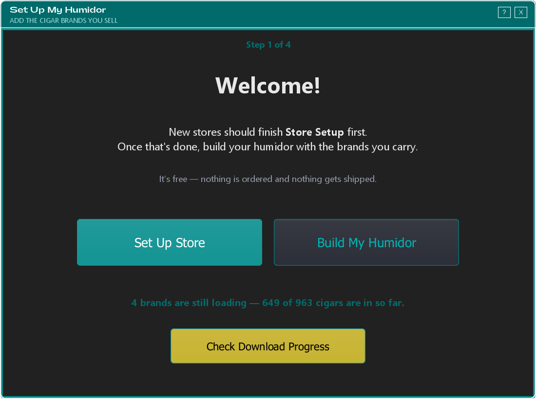 The Set Up My Humidor Welcome screen, with Set Up Store and Build My Humidor