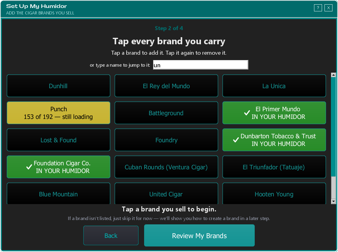 The brand wall filtered by typing in the search box, showing plain, yellow still-loading and green IN YOUR HUMIDOR buttons
